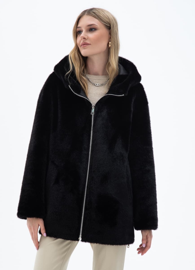 Женская двухсторонняя дубленка из эко кожи с капюшоном модель № 32028 универмаг малина