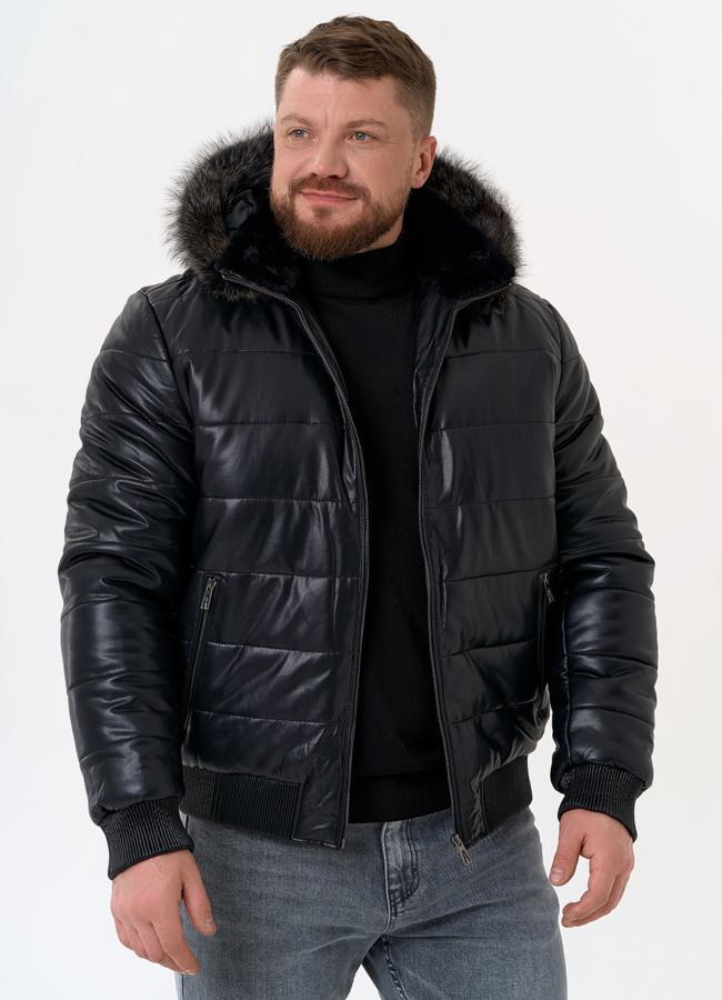 Пуховик из эко кожи черного цвета  модель № 31724 универмаг малина