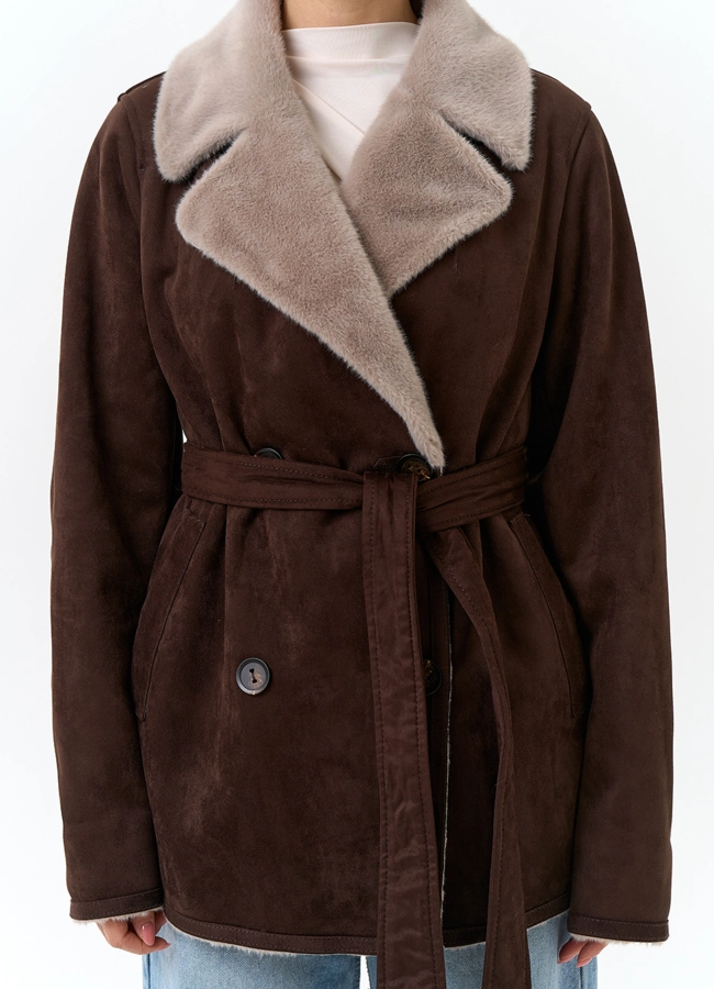 Женская двухсторонняя дубленка из эко замши модель № 32790 универмаг малина
