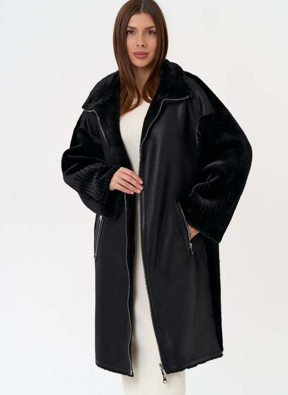 Женская двухсторонняя дубленка из эко замши с воротником стойкой