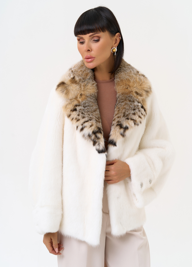 Куртка из меха норки с английским воротником из меха рыси модель № 31340 в рассрочку