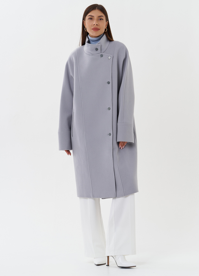 Женское пальто серого цвета модель № 27672 меха малина