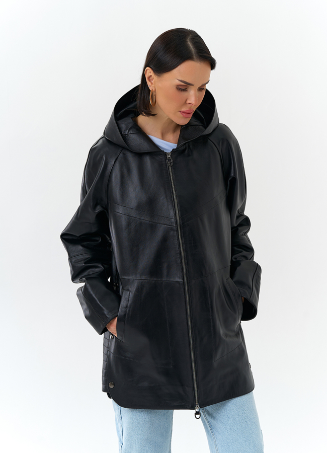 Женская куртка из натуральной кожи с капюшоном модель № 32874 универмаг малина