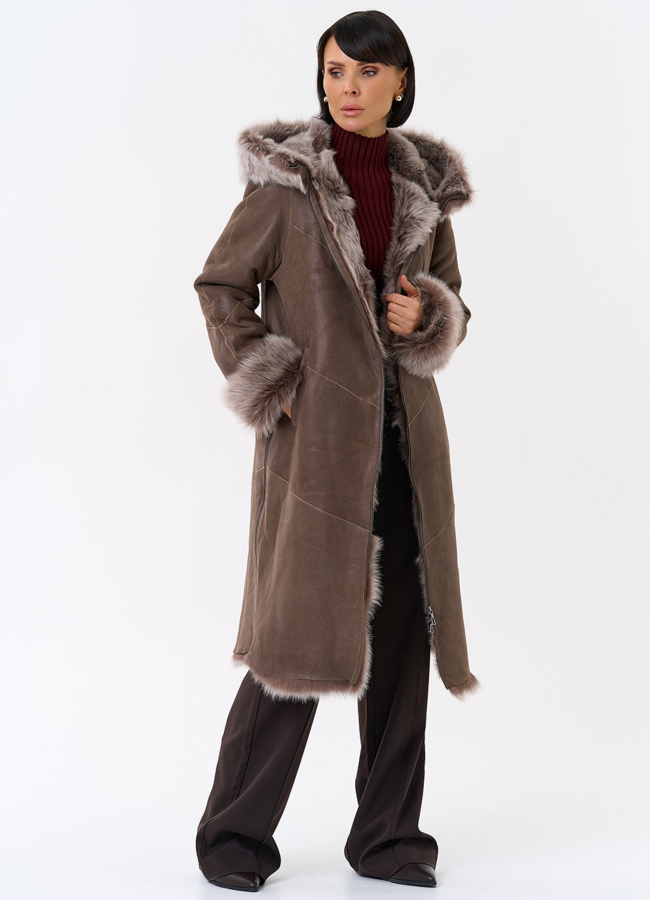 Женская натуральная дубленка с капюшоном модель № 31931 универмаг малина