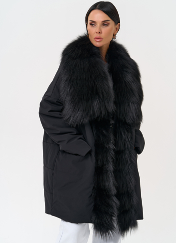 Женское зимнее полупальто черного цвета с мехом лисы