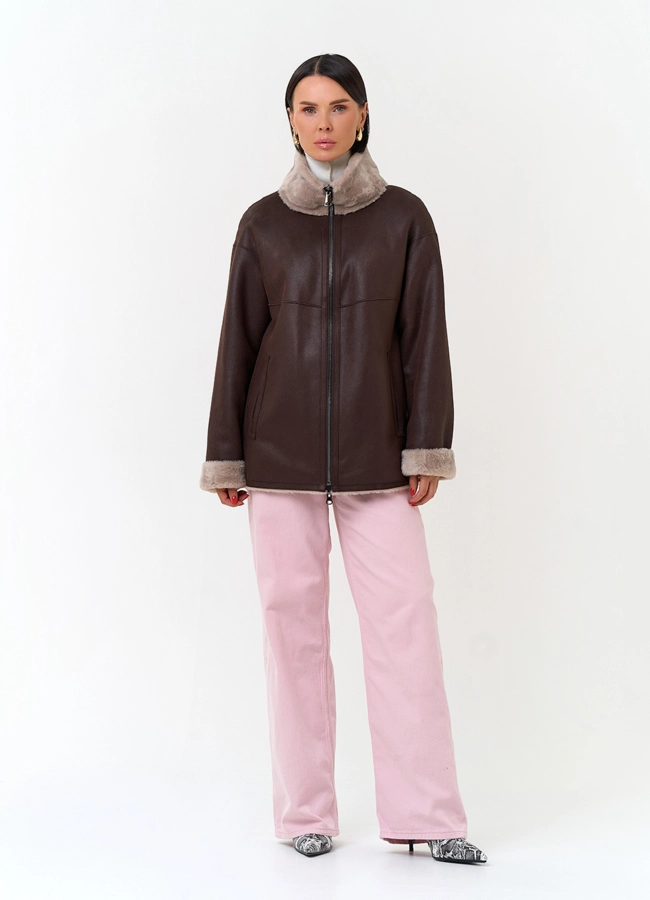 Женская дубленка из эко замши модель № 33894 универмаг малина