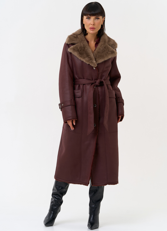 Женская дубленка из эко замши с английским воротником модель № 31511 меха малина