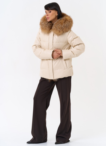 Женский пуховик из эко кожи с отделкой из натуральной лисы
