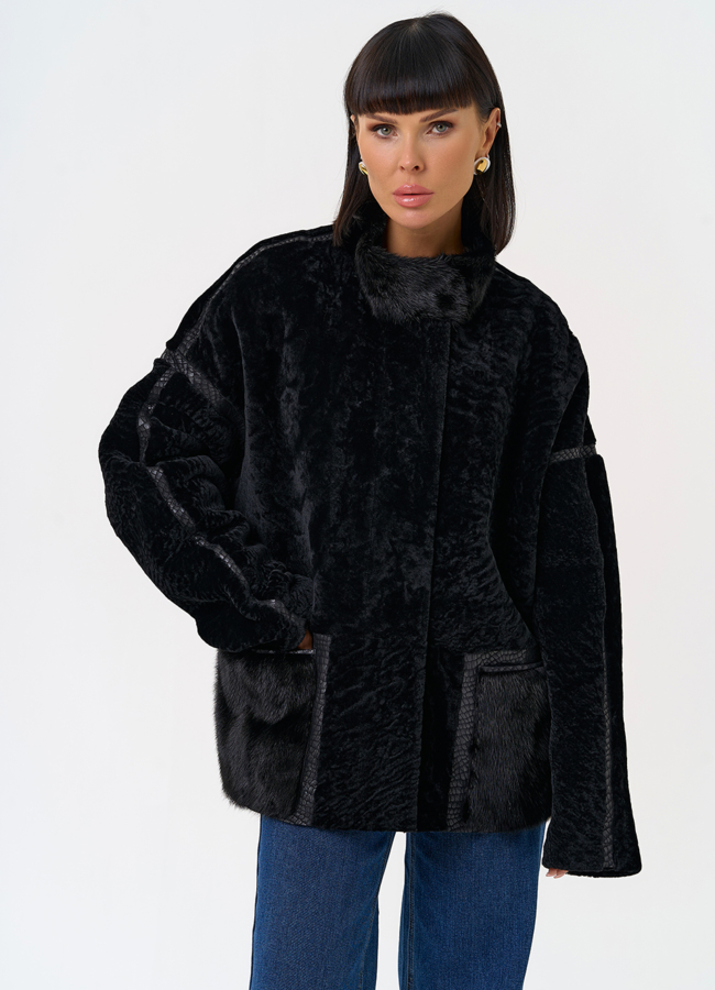 Женская двухсторонняя дубленка с воротником стойкой модель № 31480 меха малина