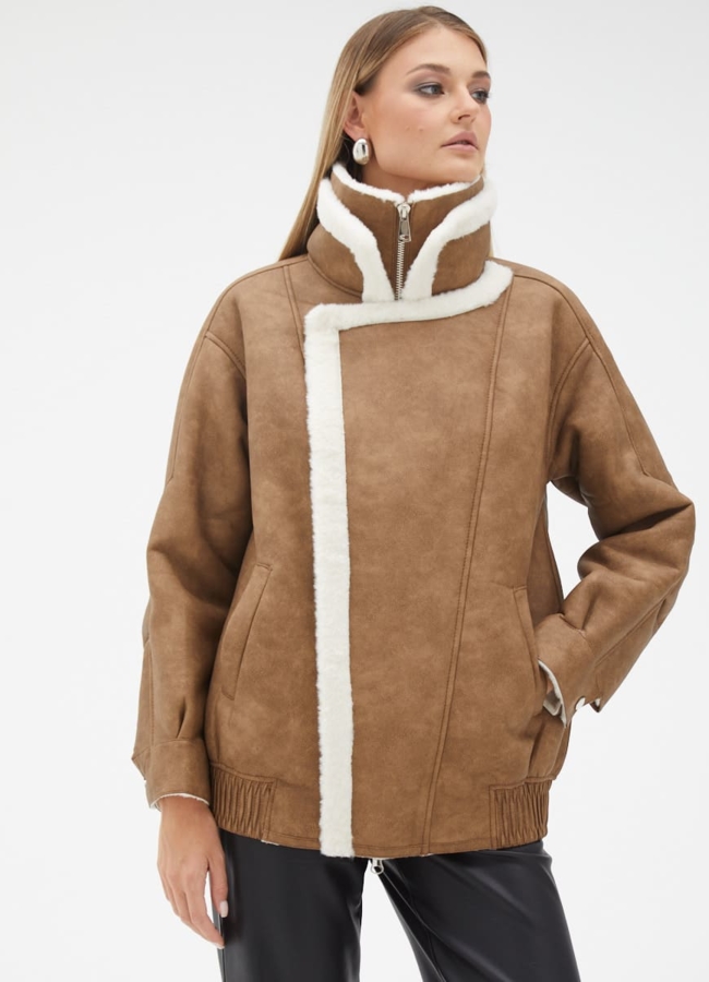 Женская дубленка из эко кожи с воротником стойкой модель № 32024 в кредит