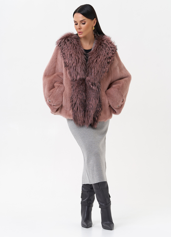 фото Короткая шуба из норки с чернобуркой модель № 28802