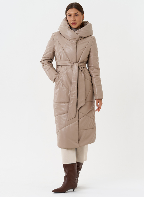 Женский пуховик из эко кожи с поясом