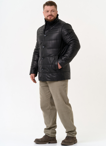 Пуховик из натуральной кожи с воротником стойкой