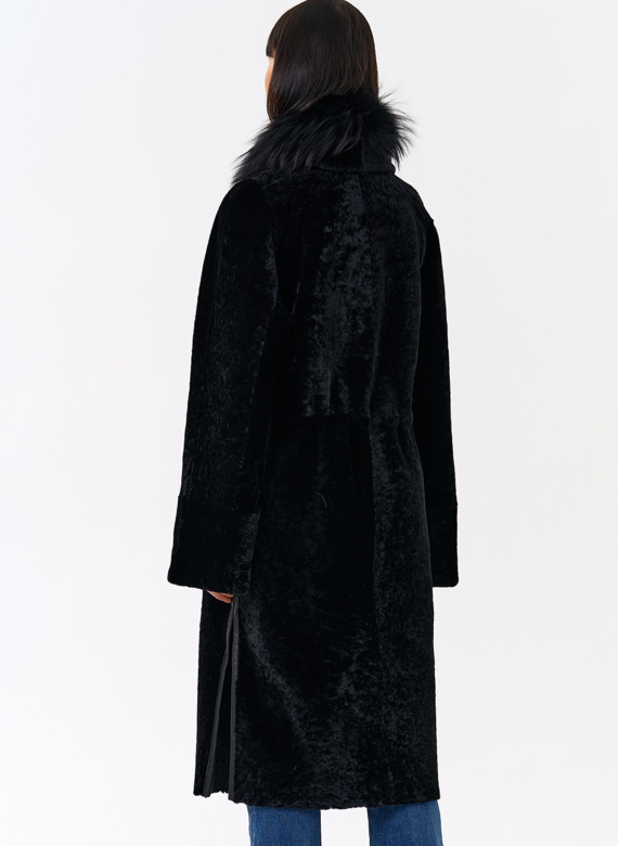 Женская двухстороняя дубленка с воротником из меха чернобурой лисы