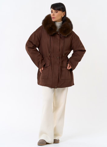 Женская парка из эко замши с капюшоном из эко меха