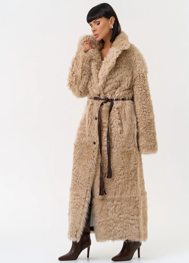 Женская двухсторонняя дубленка с декоративным поясом модель № 31620 универмаг малина