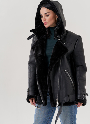 Женская дубленка пилот из эко кожи черно цвета 