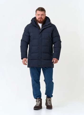 Мужской удлиненный пуховик с капюшоном фото