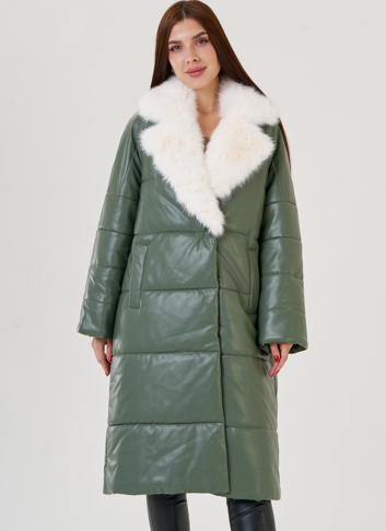 Женский классический пуховик Malina Siberian из эко кожи в зеленом цвете