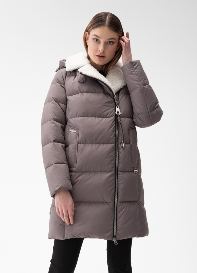 Комбинированный женский пуховик с капюшоном модель № 28877 меха малина