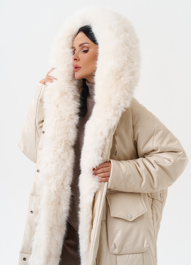 Пуховик из эко кожи с капюшоном из эко меха  модель № 27711 универмаг малина