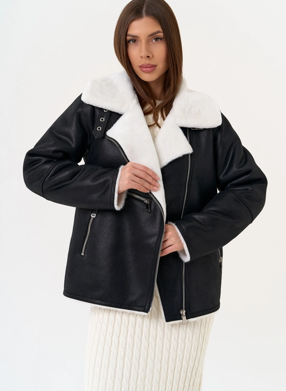 Женская дубленка из эко замши черного цвета