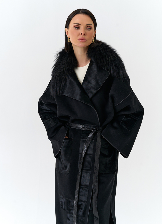 Женское длинное пальто с отделкой из меха лисы модель № 32649 универмаг малина