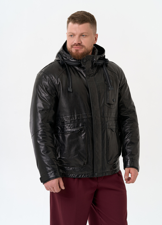 Мужская куртка из натуральной кожи с капюшоном модель № 32548 универмаг малина
