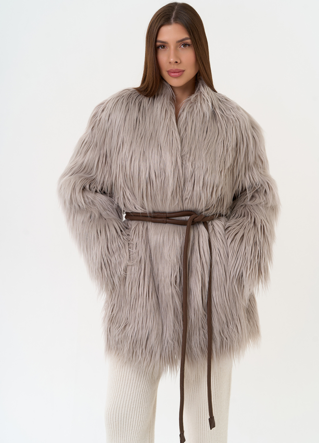 Женская шуба из эко меха с декоративным поясом модель № 31529 меха малина