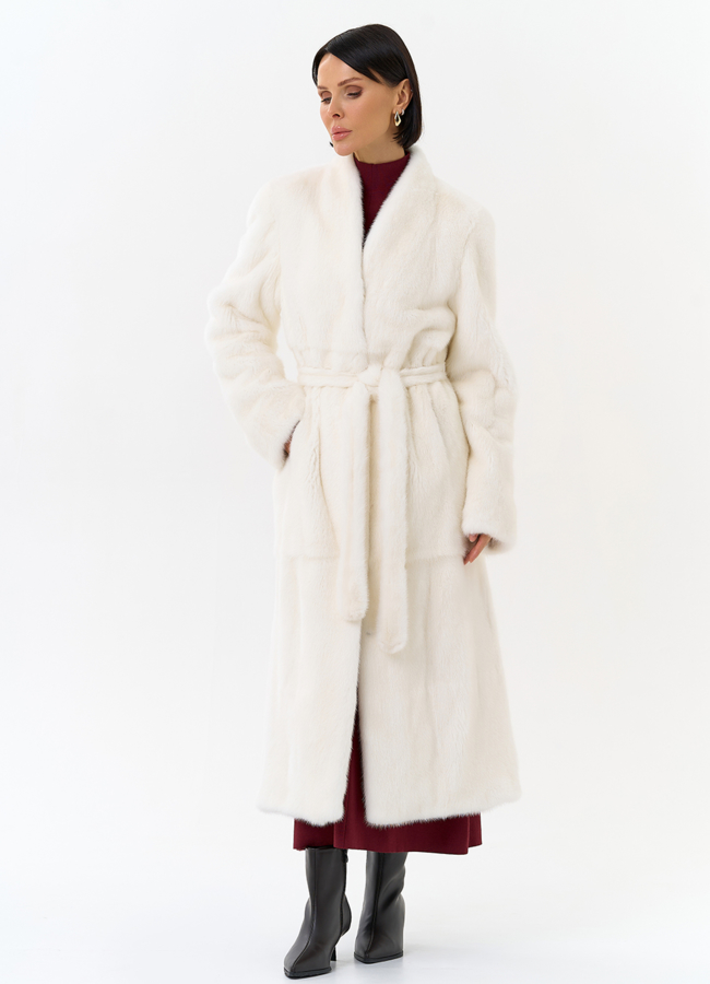 Белая шуба из меха норки с поясом модель № 31320 универмаг малина