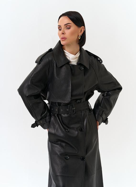 Женский длинный плащ из натуральной кожи