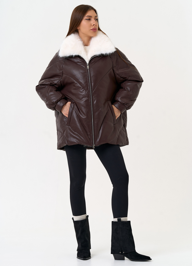 Женский пуховик из эко кожи коричневого цвета модель № 30712 универмаг малина