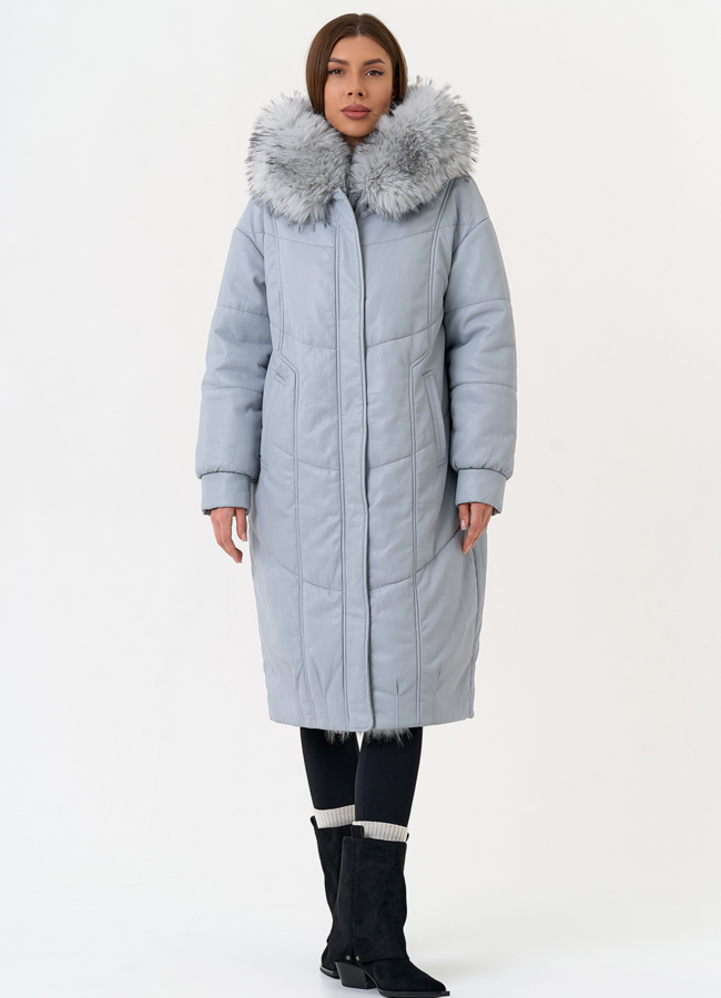 Женский пуховик из эко кожи с отделкой из эко меха модель № 30720 в кредит