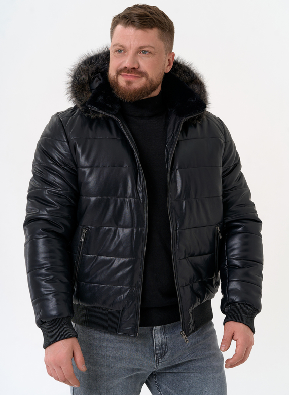 Пуховик из эко кожи черного цвета 