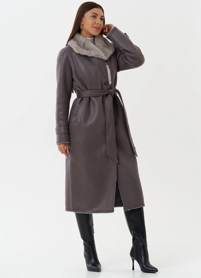 Длинная дубленка из эко кожи с воротником шаль модель № 27782 в кредит