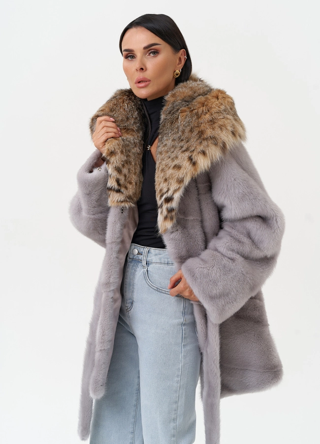 Женская шуба из меха норки с капюшоном из меха рыси модель № 31166 универмаг малина