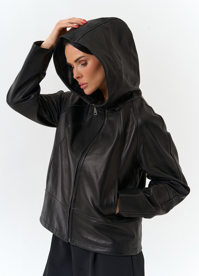 Женская куртка из натуральной кожи с капюшоном модель № 32679 в рассрочку