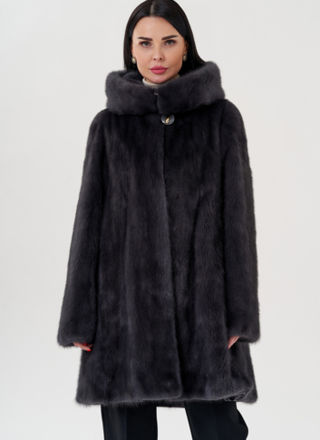 Норковая шуба балетка, в цвете графит с капюшоном