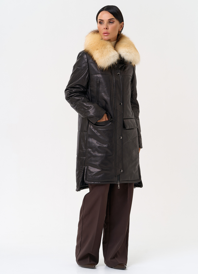 Кожаный пуховик с воротником из лисы модель № 19919 универмаг малина