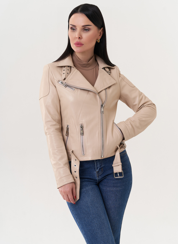 Куртка "косуха" бежевого цвета из натуральной кожи