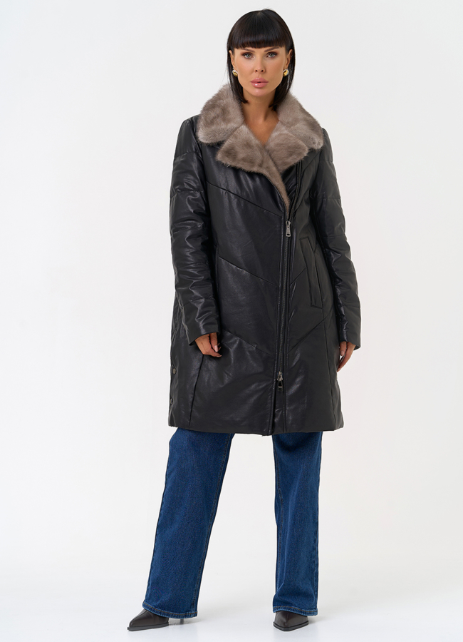 Пуховик из натуральной кожи с воротником из меха норки модель № 31566 меха малина